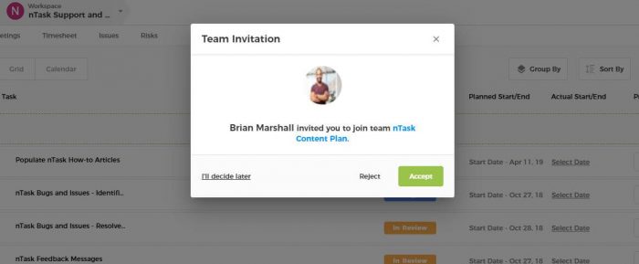 nTask Team Invite popup