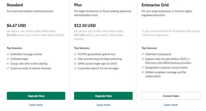 Slack vs Microsoft Teams - Slack pricing