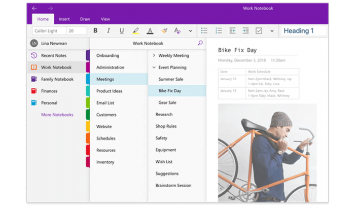 Microsoft OneNote dashboard